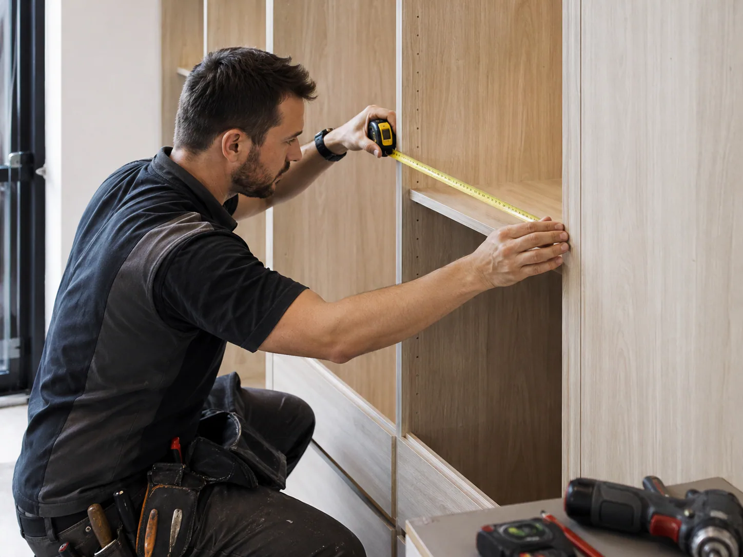 Designer measuring customized cabinetry for precise production